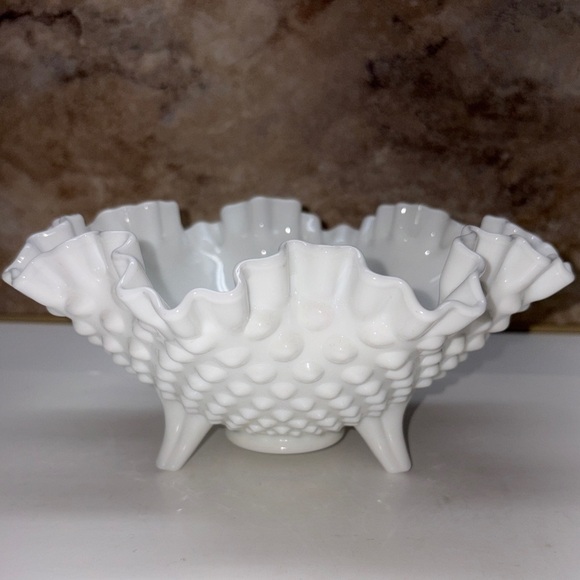Vintage Fenton White Hobnail Milk Glass Ruffled Crimped Footed Candy Bowl 8” - Picture 2 of 9